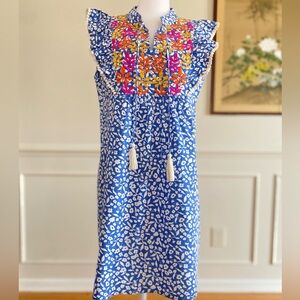 THML Blue White Floral Embroidered Mini Dress Ruffle Sleeves Tassel Tie Boho Med